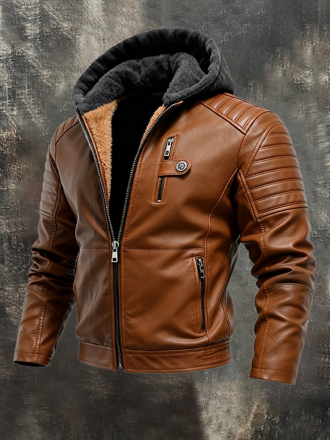 Maison-Lorie™ | VESTE ZIPPÉE EFFET CUIR À CAPUCHE DOUBLÉE