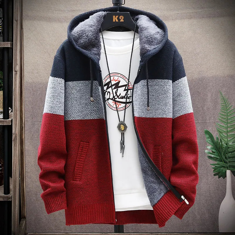 Cardigan automne-hiver Pull-over pour homme Pull-over polaire à fermeture éclair Pull-over en velours contrasté à rayures Manteaux Vestes décontractées