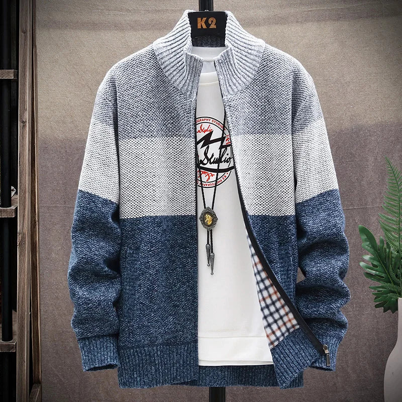 Cardigan automne-hiver Pull-over pour homme Pull-over polaire à fermeture éclair Pull-over en velours contrasté à rayures Manteaux Vestes décontractées