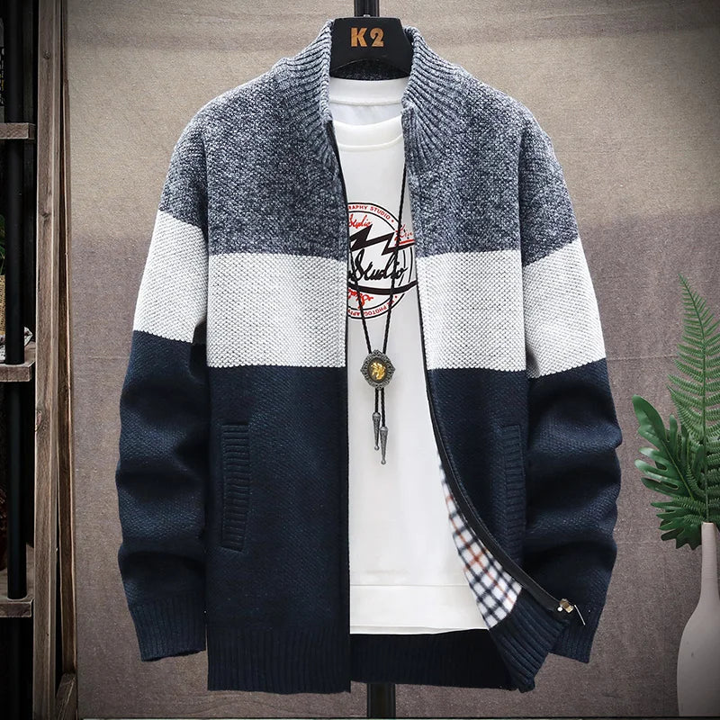 Cardigan automne-hiver Pull-over pour homme Pull-over polaire à fermeture éclair Pull-over en velours contrasté à rayures Manteaux Vestes décontractées