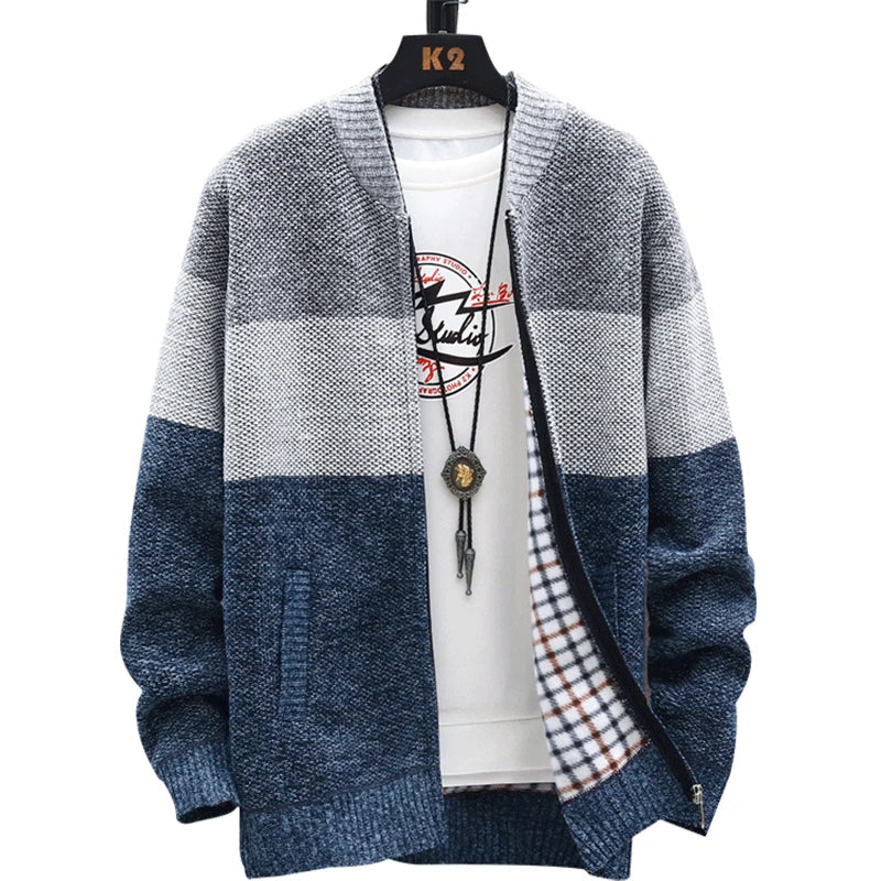 Cardigan automne-hiver Pull-over pour homme Pull-over polaire à fermeture éclair Pull-over en velours contrasté à rayures Manteaux Vestes décontractées