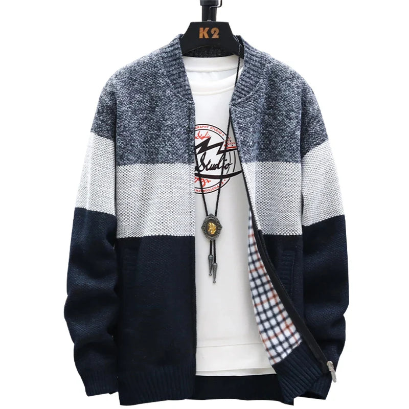 Cardigan automne-hiver Pull-over pour homme Pull-over polaire à fermeture éclair Pull-over en velours contrasté à rayures Manteaux Vestes décontractées