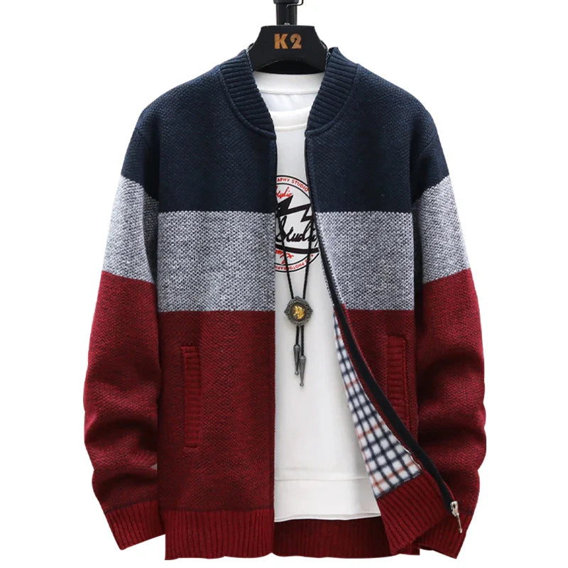 Cardigan automne-hiver Pull-over pour homme Pull-over polaire à fermeture éclair Pull-over en velours contrasté à rayures Manteaux Vestes décontractées