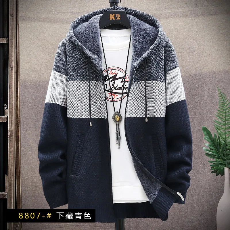 Cardigan automne-hiver Pull-over pour homme Pull-over polaire à fermeture éclair Pull-over en velours contrasté à rayures Manteaux Vestes décontractées